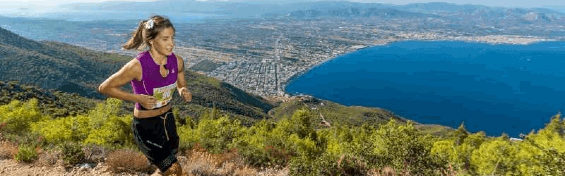 Athletes run on a mountain