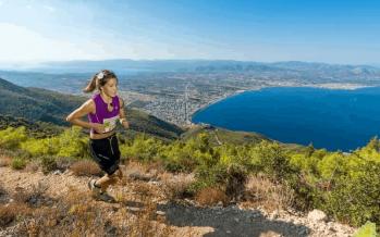 Athletes run on a mountain